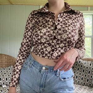 Brown and cream flower print cropped button up